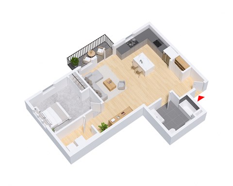 A 3D floor plan of a house with a kitchen, living room, and bathroom.
